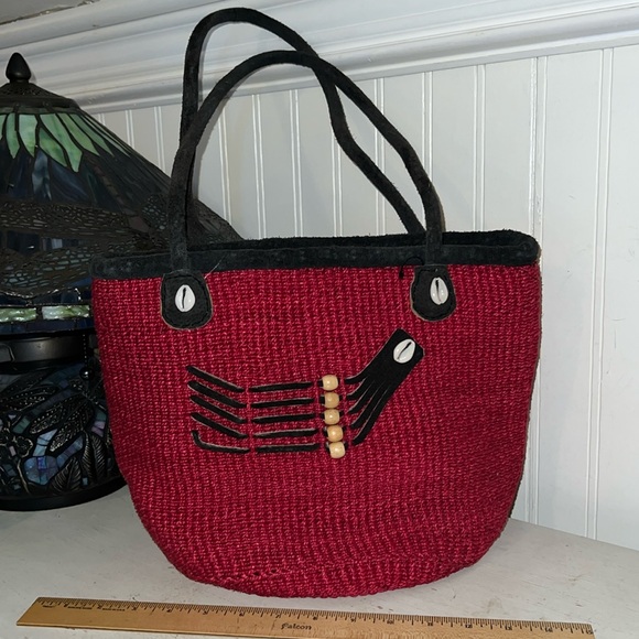 Woven handmade rattan & suede leather bag purse - Picture 1 of 8